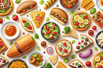 Colorful assortment of popular international cuisine icons, including pizza, sushi, tacos, and burgers, arranged on a