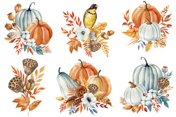 Bird, pumpkins and leaves, Autumn floral clipart, Halloween element, fall watercolor illustration isolated on background