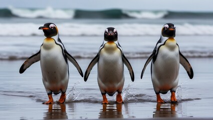Obraz premium three penguins are standing on the beach, one of them is wearing orange and yellow.
