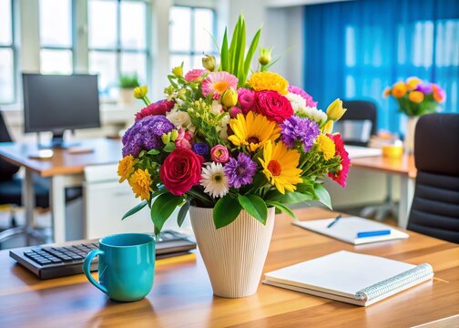 Colorful bouquet of flowers on a tidy desk amidst office supplies, celebrating the dedication and hard work of