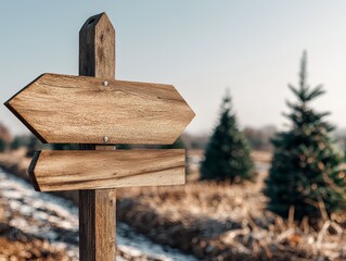 Naklejka premium Christmas Tree Farm Sign, A rustic sign pointing towards a Christmas tree farm, adorned with seasonal elements