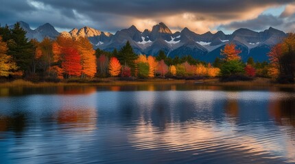 Fototapeta premium a mountain lake with a mountain in the background and a lake in the foreground.