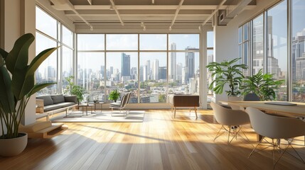 Fototapeta premium New coworking office interior with panoramic windows and city view, daylight, wooden flooring, furniture and decorative plant. 3D Rendering.