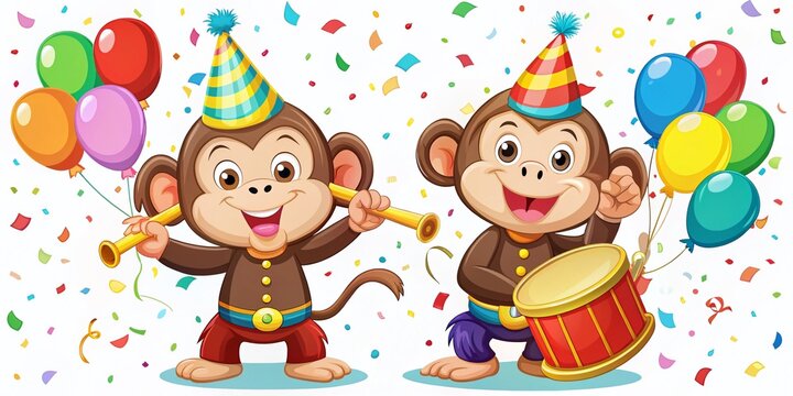 Colorful cartoon monkeys, one playing drums and another blowing party horn, surrounded by confetti and balloons,