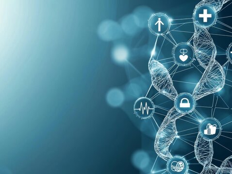 Abstract Biometric Patterns Intertwined with Medical Icons, Representing Personalized Medicine and Health Technology Integration