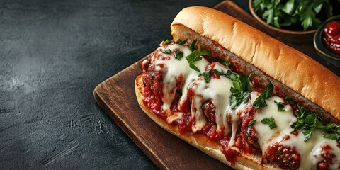 Delicious meatball sub topped with melted cheese, fresh herbs, and savory sauce, served on a wooden board.