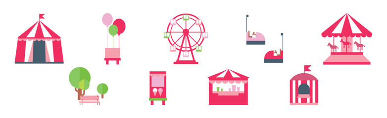 Amusement Park Pink Object and Attraction Vector Set