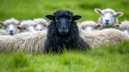 Fototapeta premium A black sheep stands out in the middle of a flock of white sheep, creating a striking contrast. Ideal for concepts of individuality, nature, and rural life.