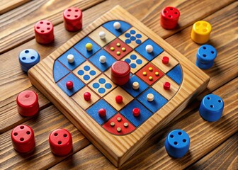 Colorful game board with red and blue squares, wooden tokens, and a small spinning top, surrounded by scattered