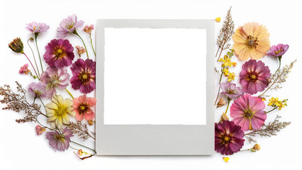 Polaroid photo frame with dried wildflowers isolated on transparent background