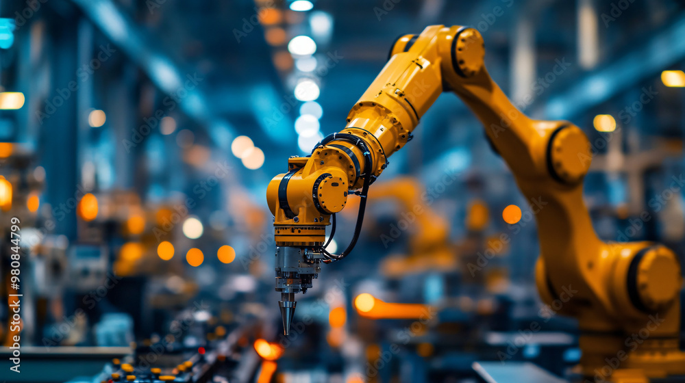 Fototapete yellow robotic arm demonstrates the advancements in automation and manufacturing by performing a tas
