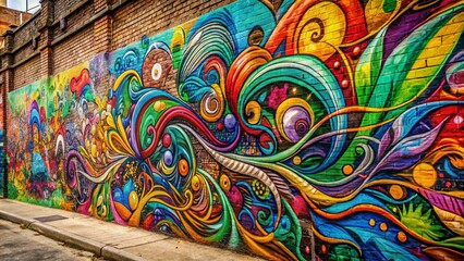 Fototapeta premium Vibrant colored graffiti artwork featuring intricate line work with swirling patterns and shapes, created with bold strokes and textures on a rough urban wall.
