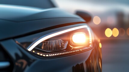 Obraz premium Close-up of modern car headlight with LED lighting, sleek design, and bokeh background. Perfect for automotive and technology themes.