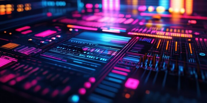 Vibrant digital texture with neon colors, showcasing a blend of technology and art in a captivating abstract composition.
