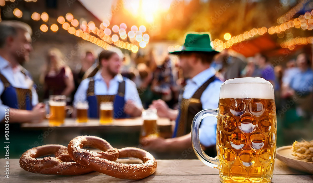 Wall mural A Oktober Fest scene with a mug of beer in first plan and people drinking and chating as a background.