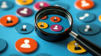 Multiple colorful circular avatars with magnifying glass