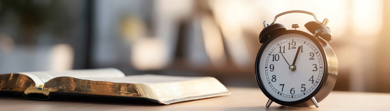 Vintage alarm clock and an open book on a desk with warm morning sunlight, representing peaceful and productive morning time.