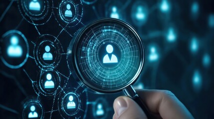Magnifying glass highlights person in digital network grid.