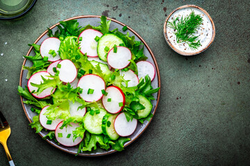 Vegan vegetable salad with radish, cucumber, lettuce and scallions with soy yogurt dressing, green background, top view