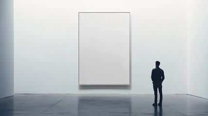 Obraz premium A large blank white vertical rectangle is hanging on the wall of an art gallery, with man standing next to it and looking at it