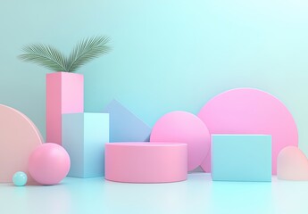 Fototapeta premium A pastel-toned 3D composition with geometric cubes and spheres arranged in a balanced style, ideal for sleek product presentations and tech visuals.