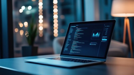 Laptop screen with analytics graph in ambient office