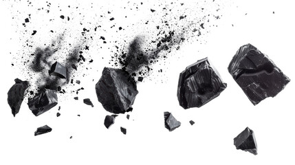 Exploding Black Chalk Fragments on Transparent Background