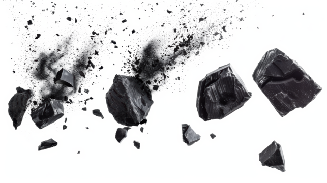 Exploding Black Chalk Fragments on Transparent Background