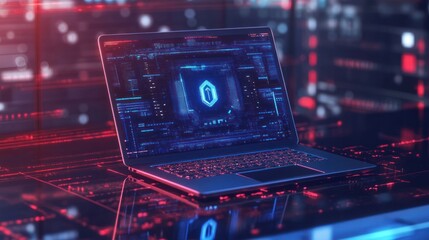 Fototapeta premium Laptop in red-themed digital security and tech environment