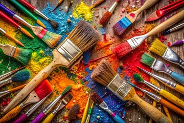 Fototapeta premium Vibrant paintbrushes of various shapes and sizes lie scattered amidst artistic chaos, surrounded by splattered colors and creative tools, exuding artistic expression.