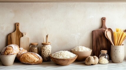 A kitchen counter with bowls of rice, pasta, and bread, with space above for promotional text.