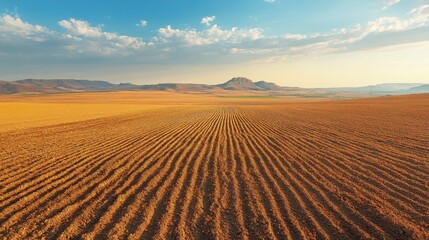 Fototapeta premium Expansive Plowed Field Under a Vast Blue Sky with Rolling Hills in the Distance