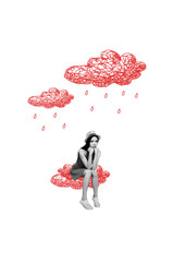 Vertical poster collage young upset depressed woman melancholy anxiety apathy bored sitting clouds...