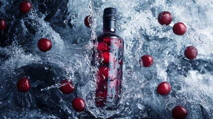 Product surrounded by cascading water, with splashes and droplets adding a dynamic, energetic feel to the product's presentation