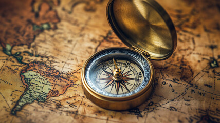 An antique brass compass on map of the world