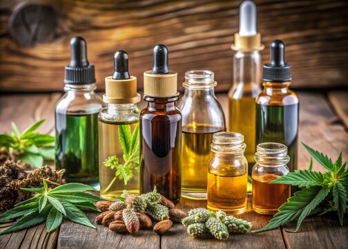 Assorted glass bottles with various flavors and concentrations of cannabis oil, including CBD, THC, and hybrid blends, arranged on a wooden table with droppers nearby.