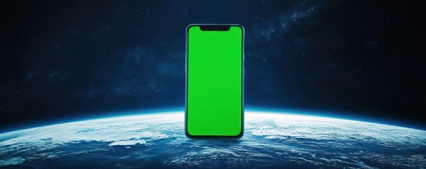 Smartphone with green screen floating above Earth