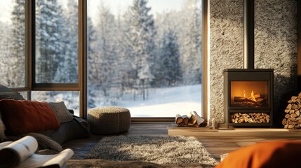 Cozy Winter Retreat with Fireplace and Snow-Covered Landscape