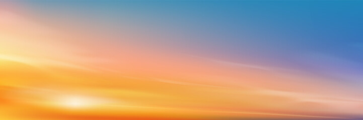 Sunset Sky Background,Sunrise with Yellow and Blue Sky,Nature Landscape Dramtic Golden Hour with twilight Sky in Evening after Sun Dawn,Vector Horizon Banner Sunlight for Four Seasons concept