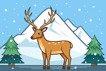 Illustration of a picture of a deer standing against a snowy mountain range, winter landscape.