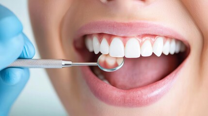 Healthcare dental teeth and  hygiene concept. Close-up of a person at a dental check-up, highlighting healthy teeth and dental tools for oral hygiene.