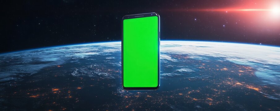Smartphone in space above Earth with green screen.