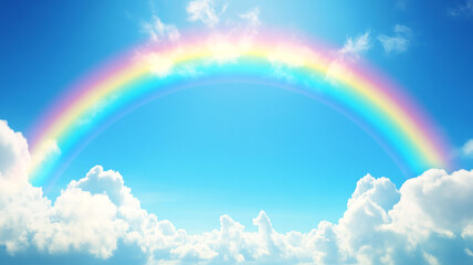 Beautiful rainbow in the blue sky with clouds © Yuwarin