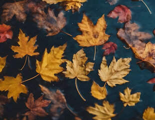 Orange autumn leaves in water. Pattern, wallpaper. Autumn landscape