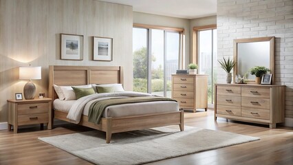 Fototapeta premium Coordinated four-piece modern bedroom furniture set, featuring a bed, nightstand, dresser, and mirror, in a