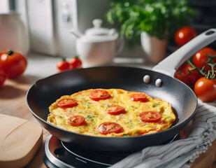 Omelette with tomatoes in a frying pan in the kitchen. Healthy food, breakfast