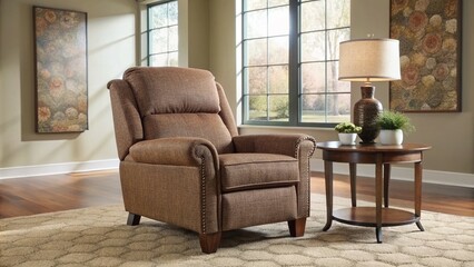 Cozy, brown, armless recliner with sturdy wooden legs and patterned upholstery, situated on a beige rug, surrounded by