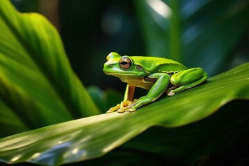 Fototapeta premium Frog on leaf amphibian wildlife reptile.