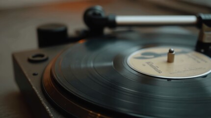 Vinyl Record Spinning on a Vintage Wooden Turntable with Tonearm
