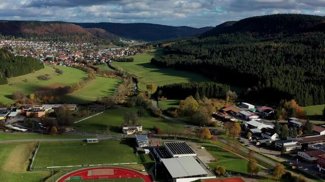 Aerial view of autumn trees on a sunny day in the Black Forest, Baar, Heuberg, Baden-W&uuml;rttemberg, Germany